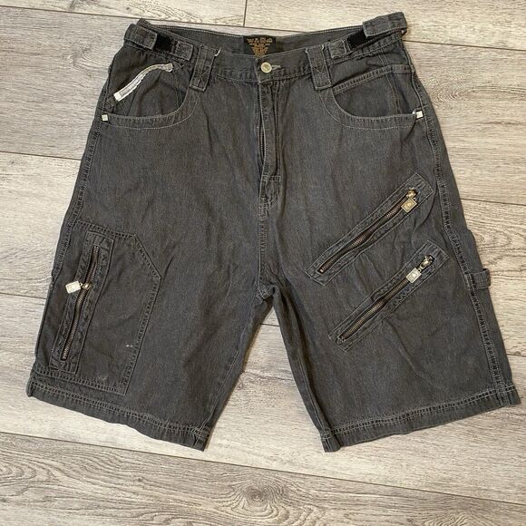 Y2k FOX JEANS Men's Cargo Shorts 34 - 38 Casual Black Denim Ace Spaces Zippers - Picture 1 of 14